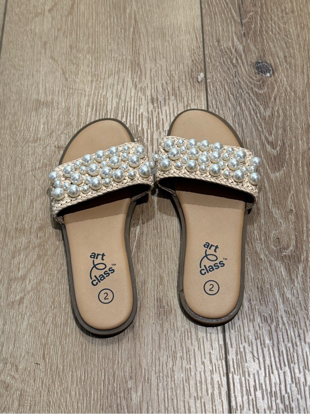 art class Pearl-Studded Tan Slide Sandals - Girls
